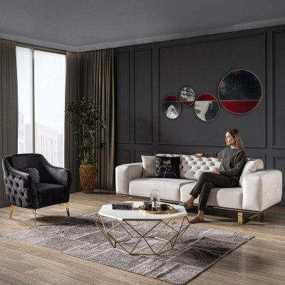 Chesterfield Sofagarnitur Sofa 31 Sitzer Sessel Stoff Luxus Weiß Sofas
