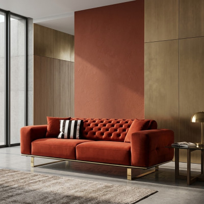 Dreisitzer Chesterfield Sofa 3 Sitzer Sofas Rot Stoff Wohnzimmer Luxus