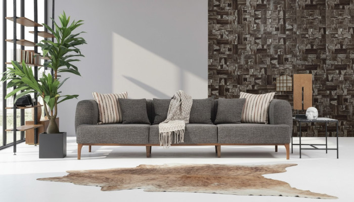 Dreisitzer Sofa 3 Sitzer Sofas Grau Stoff Wohnzimmer Luxus Modern Neu