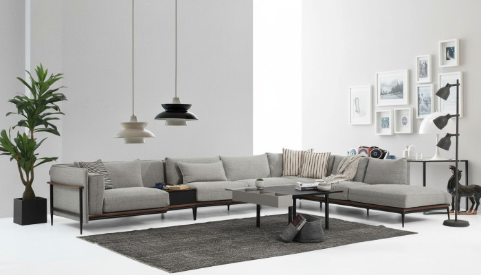 Ecksofa L-Form Sofa Grau Modern Stoff Design Wohnzimmer Polyester XXL