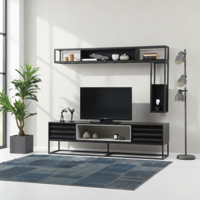 Wohnwand RTV Lowboard Regale TV Ständer Set Holz Modern Schwarz Design