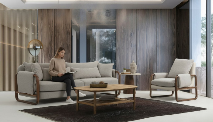 Sofagarnitur 41 Sitzer Sessel Viersitzer Modern Stoff Grau Set Design