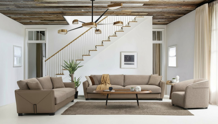 Modern Sofagarnitur Set 331 Sitzer Sessel Dreisitzer Modern Stoff Beige Set 3tlg