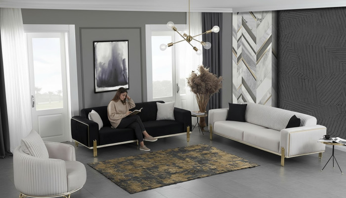 Luxus Sofagarnitur Dreisitzer Moderner Sessel Stoffmöbel Set 3tlg Schwarz 3+3+1