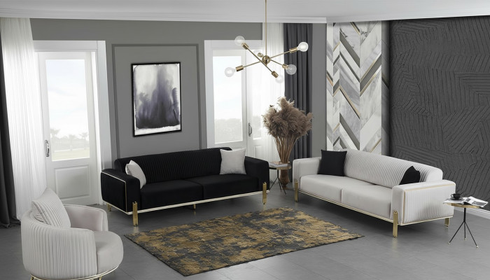 Luxus Sofagarnitur Dreisitzer Moderner Sessel Stoffmöbel Set 3tlg Schwarz 3+3+1