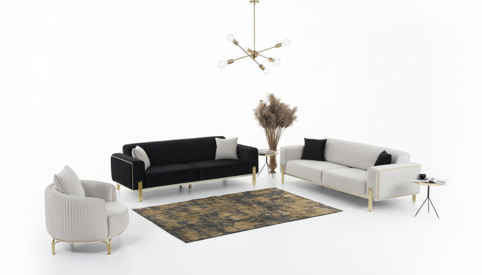 Luxus Sofagarnitur Dreisitzer Moderner Sessel Stoffmöbel Set 3tlg Schwarz 3+3+1