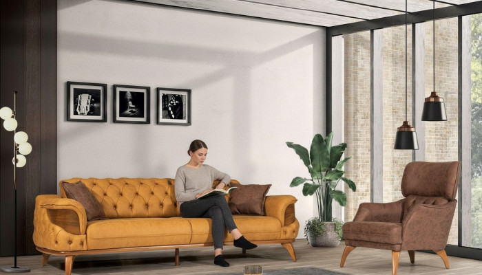 Moderne Chesterfield Couchgarnitur Dreisitzer Luxus Sofas Sessel Gelb 2tlg