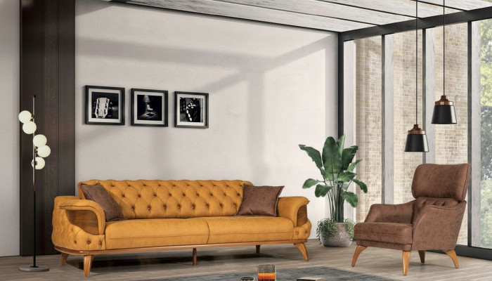 Moderne Chesterfield Couchgarnitur Dreisitzer Luxus Sofas Sessel Gelb 2tlg