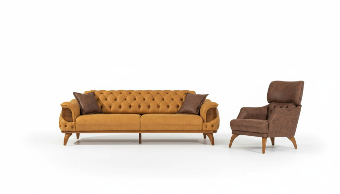 Moderne Chesterfield Couchgarnitur Dreisitzer Luxus Sofas Sessel Gelb 2tlg