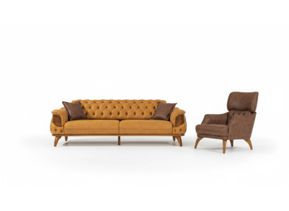 Moderne Chesterfield Couchgarnitur Dreisitzer Luxus Sofas Sessel Gelb 2tlg