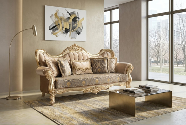 Chesterfield Barock Dreisitzer Couch Möbel Sofa Stoff Gold Couchen