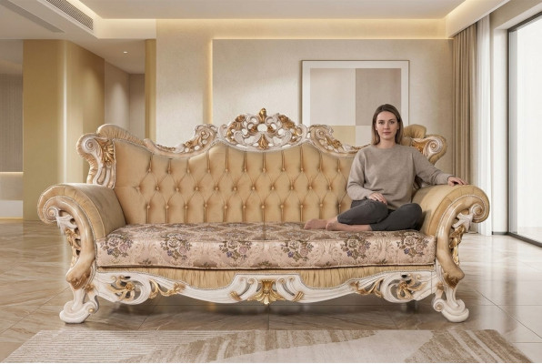 Chesterfield Barock Dreisitzer Couch Möbel Sofa Couchen Stoff Beige
