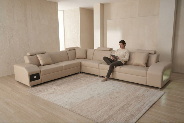 Rohová sedací souprava design moderní pohovka + USB kožená pohovka rozkládací sedací souprava