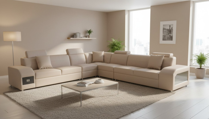 Rohová sedací souprava design moderní pohovka + USB kožená pohovka rozkládací sedací souprava