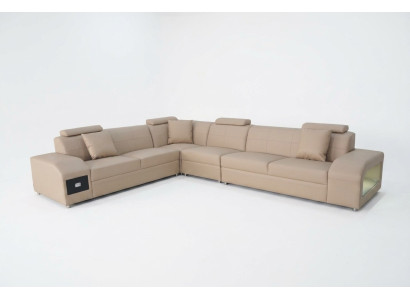 Rohová sedací souprava design moderní pohovka + USB kožená pohovka rozkládací sedací souprava
