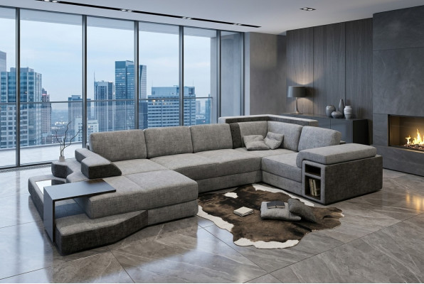 XXL Design Big Sofa mit USB Ecksofa Couch Wohlandschaft U Form Leder Textil Ecke
