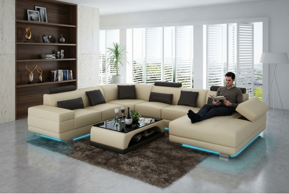 Ledersofa Couch Wohnlandschaft Ecksofa Eck Garnitur Design Modern Sofa Beige USB