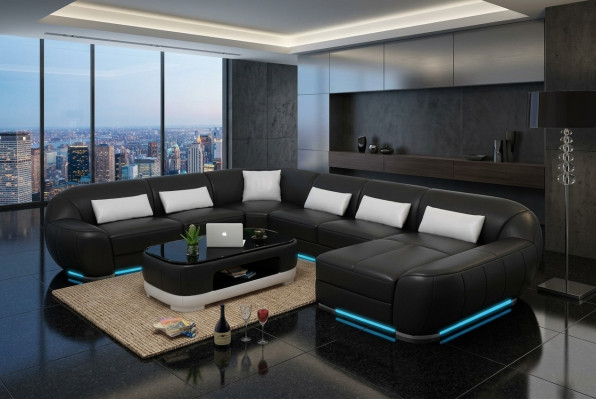 Design Leder Eck Sofa Moderne Garnitur Couch Ecke Neu Wohnlandschaft Grau USB