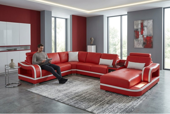 Ledersofa mit USB Couch Wohnlandschaft Garnitur Design Modern Ecke Sofa U Form