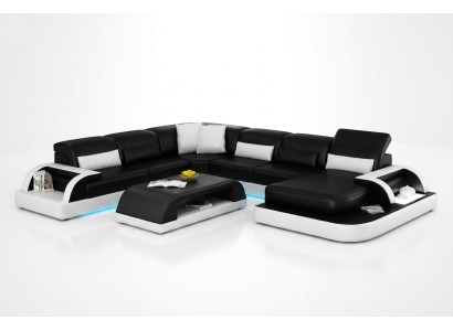 Pohovka Rozkládací pohovka Design Obývací sestava Černá Potah Sedací souprava Kůžová pohovka USB