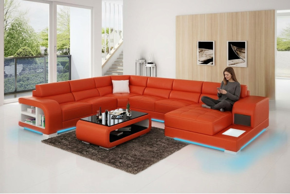 Modern Ledersofa Couch Design Wohnlandschaft Ecksofa Eck Garnitur Sofa Licht USB