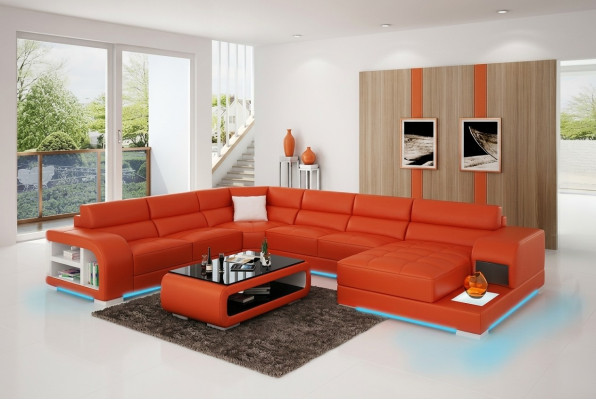 Modern Ledersofa Couch Design Wohnlandschaft Ecksofa Eck Garnitur Sofa Licht USB