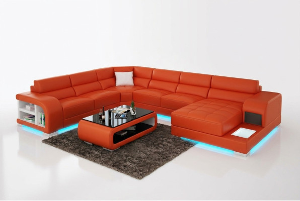 Modern Ledersofa Couch Design Wohnlandschaft Ecksofa Eck Garnitur Sofa Licht USB