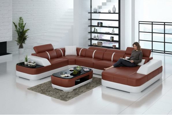 Ledersofa Polster Sitz Eck Sofa Garnitur Wohnlandschaft Wohnzimmer Couch mit USB