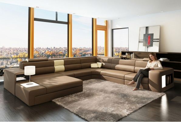 Ecksofa Sofa mit USB Couch Polster Garnitur Design Leder Textil Wohnlandschaft