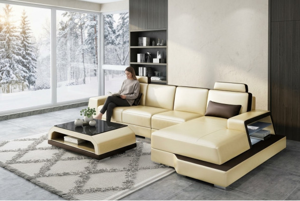 Modern Eckcouch Design Sofa Polster Ecke Wohnlandschaft Leder Textil Couch LED