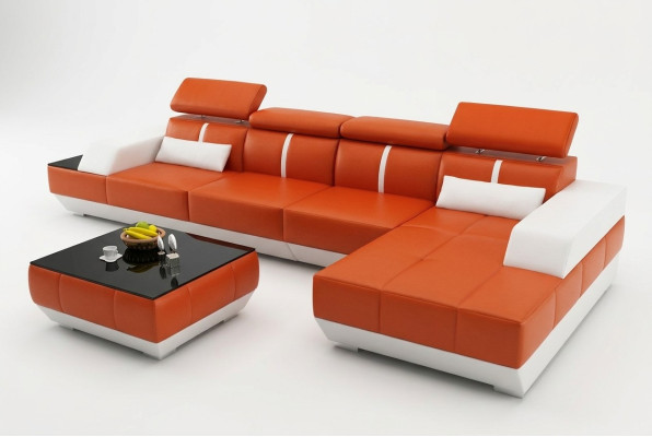 Pohovka ve tvaru L z kůže, sedací souprava rohová, moderní design USB Eu.