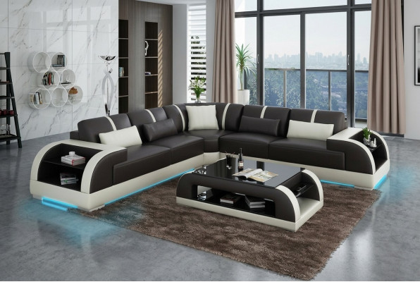 Ledersofa Couch Wohnlandschaft Ecksofa Eck Garnitur Design Modern LED USB Sofa