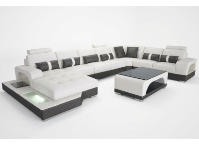 Leder Sofa mit USB Moderne Sitz Couch Polster Eck Couchen Wohnlandschaft + Tisch