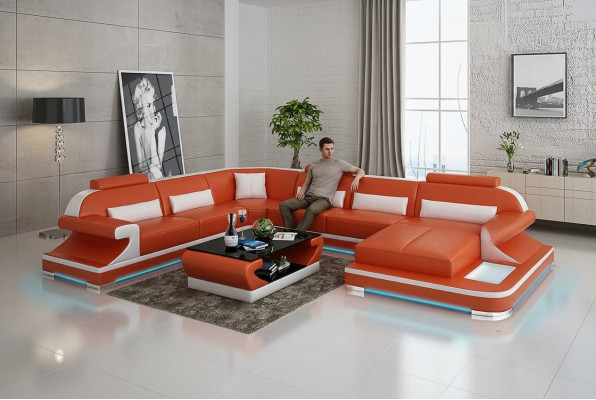 Ledersofa Couch Wohnlandschaft Ecksofa Eck Garnitur Design Modern Sofa mit USB