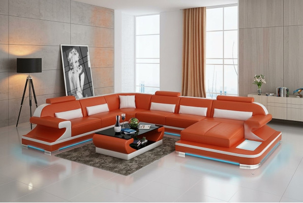 Ledersofa Couch Wohnlandschaft Ecksofa Eck Garnitur Design Modern Sofa mit USB