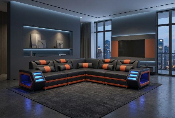 Design Leder Polster Sitz Ecke Couch Polster Eck Landschaft Wohn Sofa USB LED