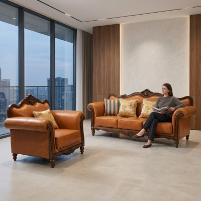 Sofagarnitur 3+1 Sitzer Couch Ledersofa Klassische Couchen Orangene