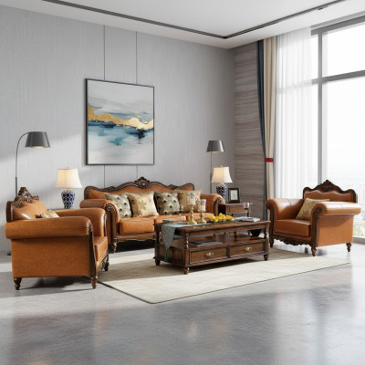 Sofagarnitur 3+1 Sitzer Couch Ledersofa Klassische Couchen Orangene