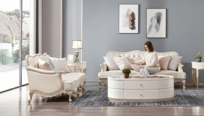 Klassische Chesterfield Couch 3+2 Sitzer Sofa Couchen Möbel Beige