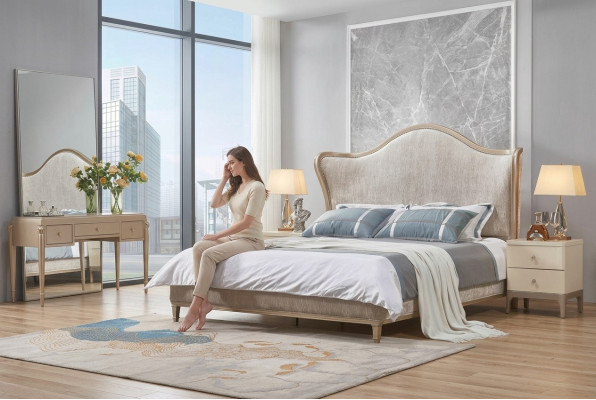 Luxus Modern Bett 2x Nachttische Betten Holz Bettgestell Schlafzimmer Silber Neu