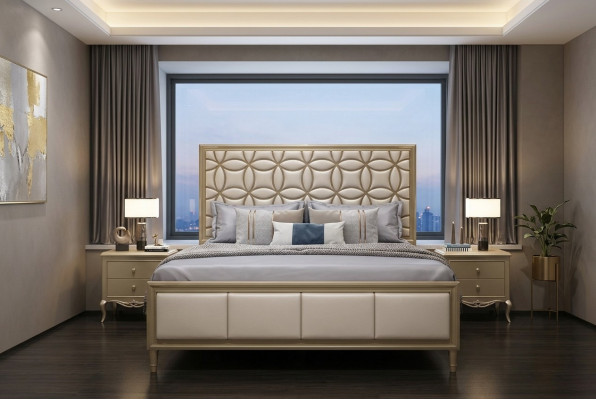 Bett Betten Doppelbett Schlafzimmer Kunstleder Polster Beige Doppelbetten Neu