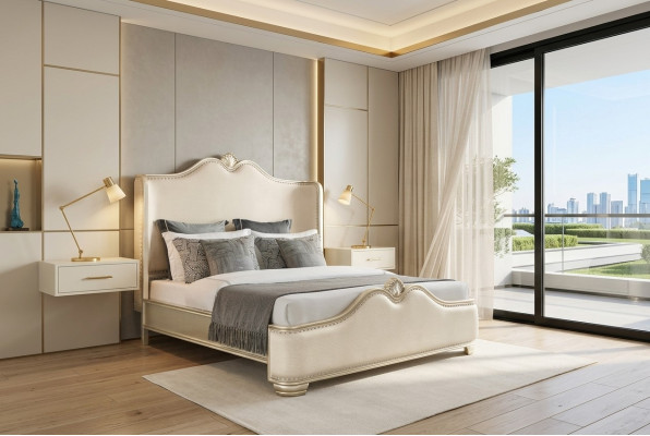 Postel 2x noční stolky 3 kusy Ložnice Beige Designer Luxus Nábytek Postele Dřevo