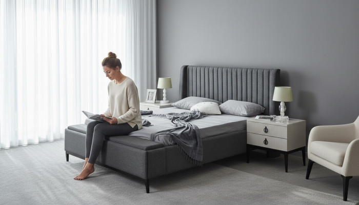 Bett Design Doppelbett Betten Polster Schlafzimmer Möbel Hotel Bettrahmen Grau