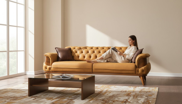 Dreisitzer Sofa Leder Couches Sofas Luxus Couch Chesterfield Western USA Gelb