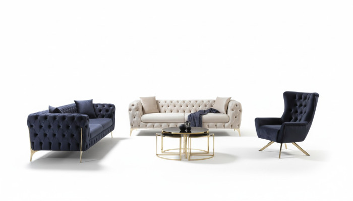 Sofagarnitur Blau Sofa Luxus Sofas Sessel 3+3+1 Sitzer Chesterfield Design Samt