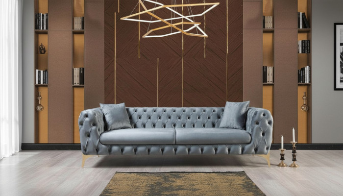 Třísedadlová sedací souprava Luxus Chesterfield 3místná sedací souprava šedá sametová nová pohovka.