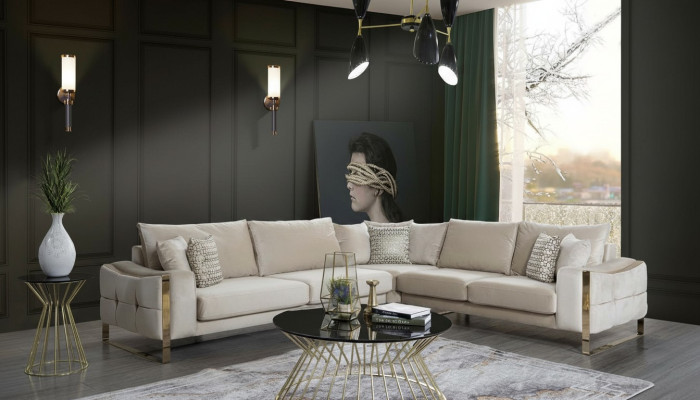 Ecksofa L Form Sofa Couch Design Couchen Polster Textil Eck Garnitur Beige