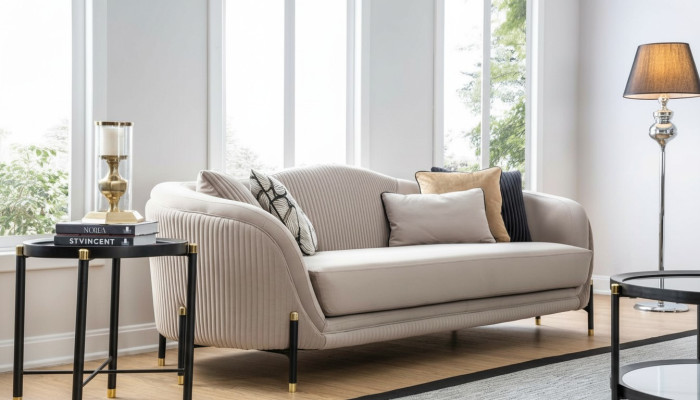 Sofa 3 Sitzer Polstersofa beige Textil Sitz Design Couch Sofas Stoff Modern Neu
