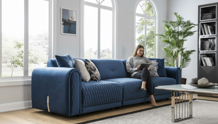 Luxus Sofa 4 Sitzer Wohnzimmer Modernes Design Blau Sofas Leder Couchen Neu