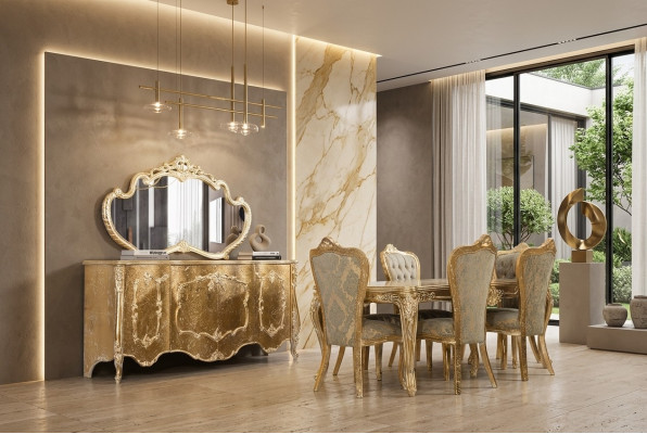 Luxus Esszimmer Set Garnitur Stuhl 6x Anrichte Spiegel Esszimmer Gruppe Komplett